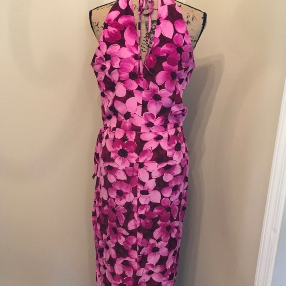 Purple pink floral silk maxi dress